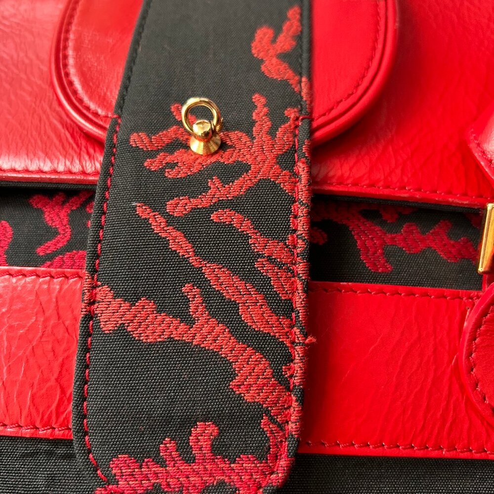 Le Duchesse Made-in-Italy Red Leather & Black Jacquard Tapestry Satchel. - Picture 6 of 15